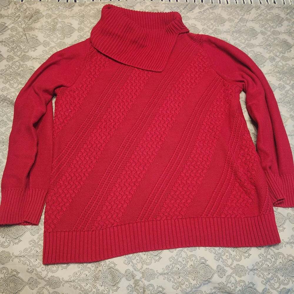 Coldwater Creek Cowl Neck Cable Knit Sweater Size XL 16 Red Cotton Blend